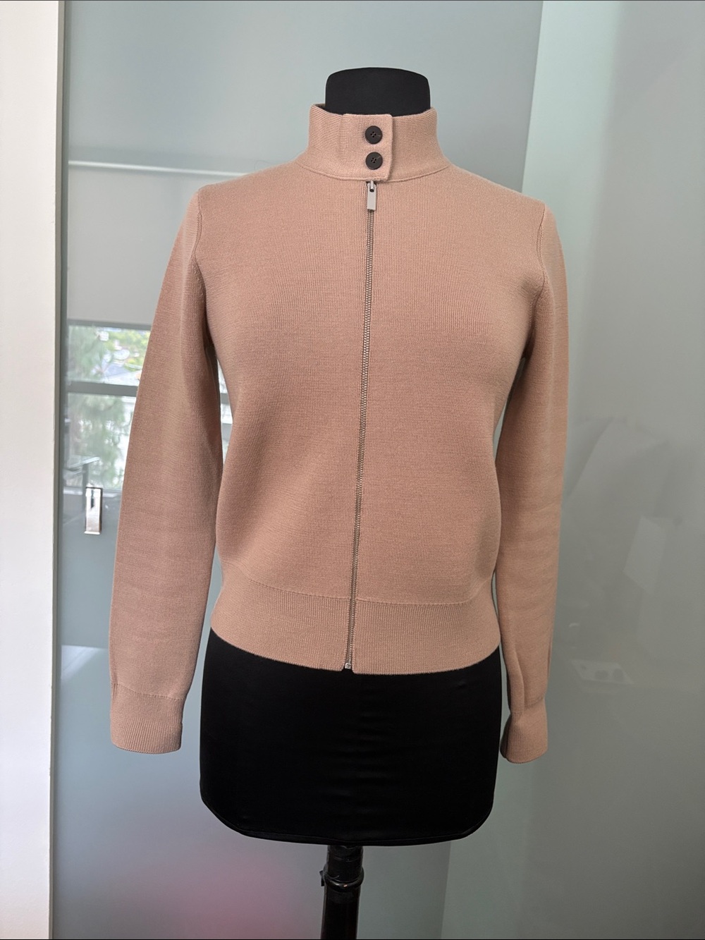 Theory Blush/Taupe Zip-Front Mock Neck Cardigan